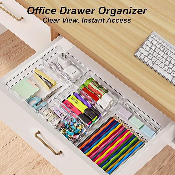 SMARTAKE 7-Piece Drawer Organizer with Non-Slip Silicone Pads, 4-Size Desk Drawer Organizer Trays Storage Tray for Makeup, Jewelries, Utensils in Bedroom Dresser, Office and Kitchen (Clear)