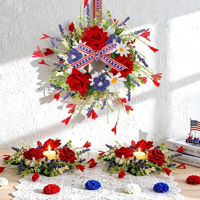 4 PCS Mini Patriotic American Cabinet Wreaths Small Red White and Blue Floral Wreath for Front Door with Ribbon Roses Daisy Forsythia July Independence Day Hanging Wreath for Porch Wall Window Decor