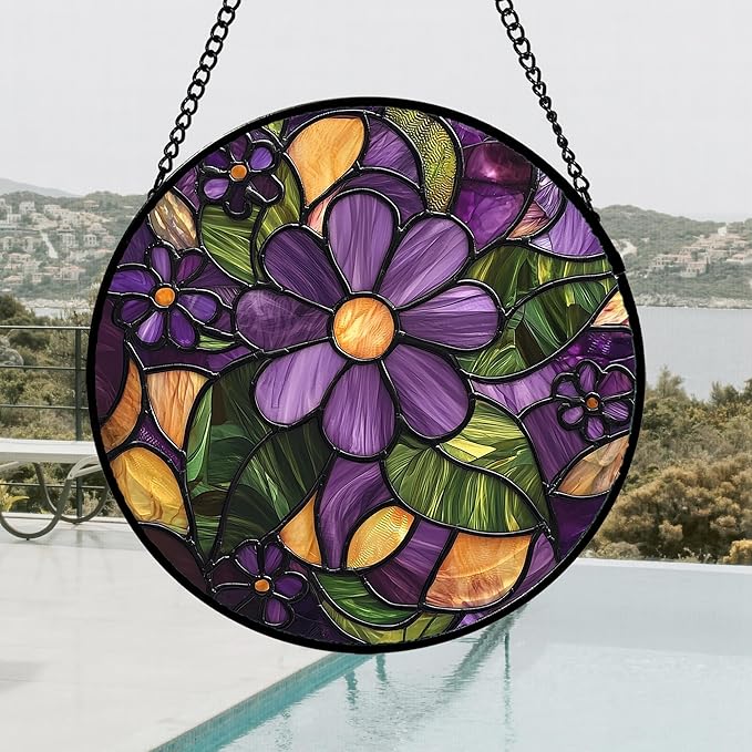 Stained Glass Window Hanging, Purple Green Flowers Sun Catcher for Door Home Decor Plants Suncatcher Christmas Mother's Day Birthday Gifts for Women Men Mom and Nana 15 in