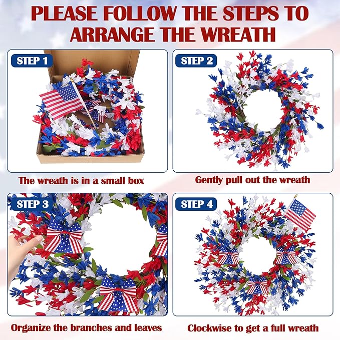 GTIDEA 24'' Patriotic Wreaths for Front Door, American 4th of July Wreath on Grapevine with Red White and Blue Forsythia Flag Bowknot Summer Wreaths for Home Wall Memorial Day Independence Day Decor