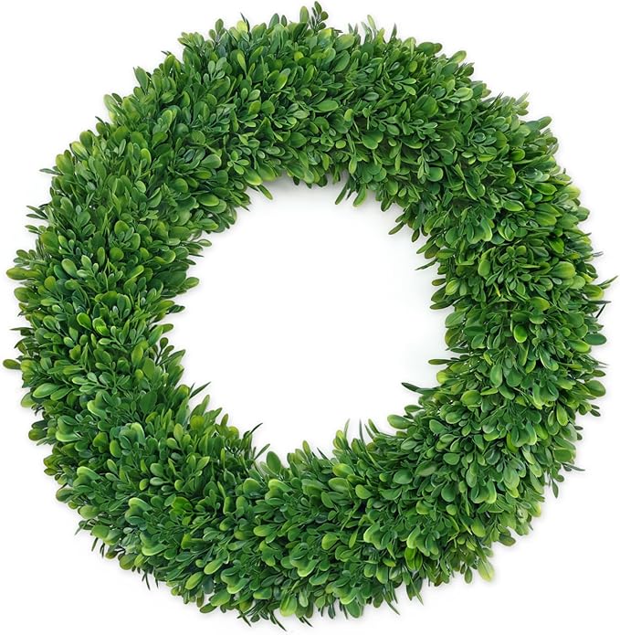 22 Inch Boxwood Wreath for Front Door Realistic with Welcome Sign Faux Easter Green Preserved Boxwood Wreaths Outdoor Spring Wreaths for Front Door Outside for Porch Farmhouse Wall Home Decor