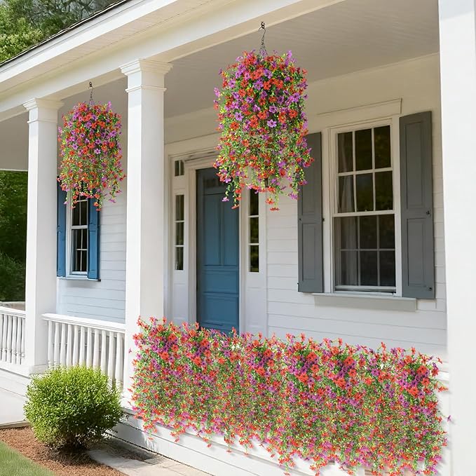 Artificial Hanging Flowers for Outdoors, 2 Pcs Fake Hanging Plant Spring Summer Decor, UV Resistant No Fade Realistic Faux Flower for Front Door Porch Planter Patio Garden Yard(Red Purple)