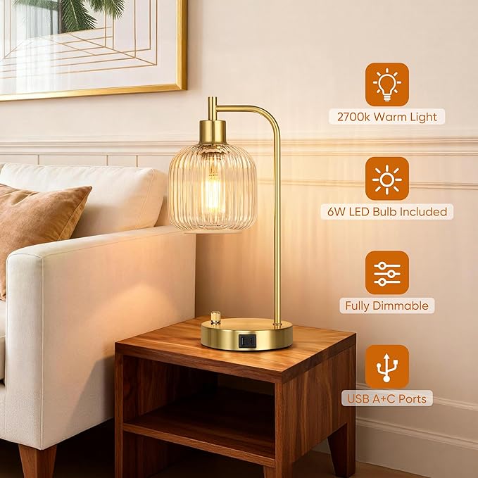 QiMH Industrial Table Lamp for Bedroom Set of 2, Clear Glass Beside Lamp with USB A&C Ports, Stepless Dimmable Gold Lamps, Nightstand Lamps for Living Room, Office, Home Decor(Bulb Included)
