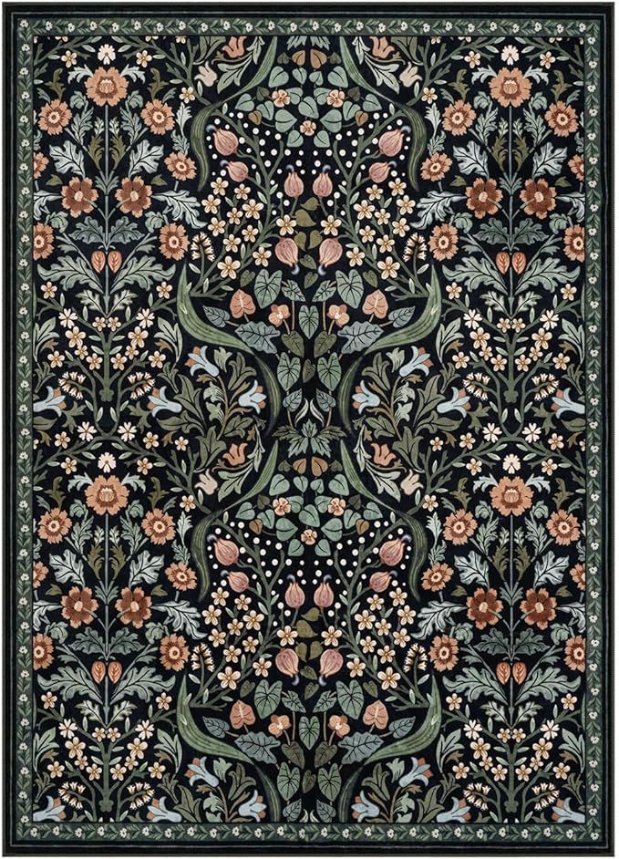 Moynesa Floral 5x7 Living Room Area Rug, Soft Washable Rugs for Bedroom, Non Slip Ultra Thin Boho Rug Botanical Stain Resistant Floor Carpet for Dining Room Home Office, Black