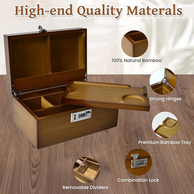 Large Bamboo Storage Box with Lock, Removable Tray, Glass Jars & Accessories, Elegant Wooden Household Organizer, Home Decor Gift Set