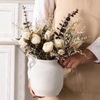 Ceramic Flower Vase Home Decor - 6 Inch Farmhouse Rustic White Table Vases with Handle Living Room Decoration Decorative Vintage Pottery for Kitchen Shelf Coffee Dining Desk Bookshelf Fireplace