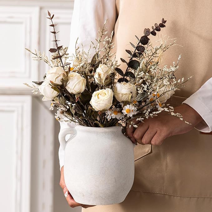 Ceramic Flower Vase Home Decor - 6 Inch Farmhouse Rustic White Table Vases with Handle Living Room Decoration Decorative Vintage Pottery for Kitchen Shelf Coffee Dining Desk Bookshelf Fireplace