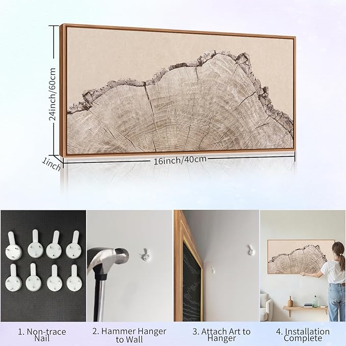 SIGNINART Large Tree Ring Framed Canvas Wall Art, Rustic Beige Nature Wooden Wall Decor, Neutral Wood Stump Artwork, Modern Art Prints for Bedroom Living Room Office 20"x40"