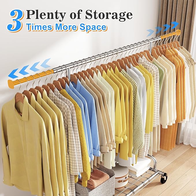 Raybee 75" W Clothes Rack Load 530 LBS, Clothing Racks for Hanging Clothes, Adjustable Heavy Duty Clothes Rack, Portable Metal Garment Rack for Bedroom Laundry Living Room