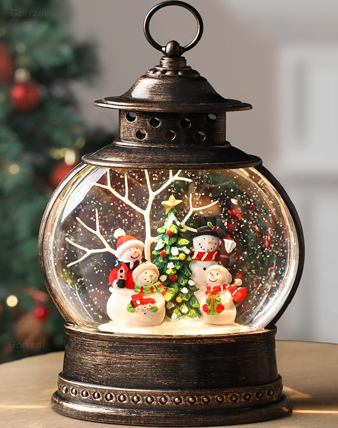 Snowman Snow Globe 12 Inch Christmas Snow Globe Lantern, Lighted Christmas Decorations Indoor for Home Light Up Musical Snowman Decor with Music Timer Swirling Glitter, USB or Battery Operated