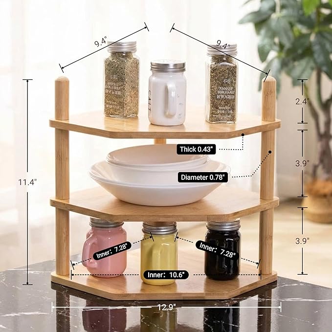 3-Tier Expandable Bamboo Corner Shelf - Dish/Plate Organizer for Cabinet, Kitchen Counter Shelf & Small Kitchen Shelf, Adjustable (Natural, 1-Pc 3.90" H)