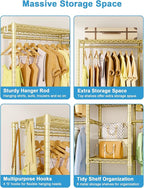 Ulif E4 Clothes Rack, Heavy-Duty Garment Rack, Metal Freestanding Clothing Organization Storage System Can Be L-Shaped with Shelves and Hangers, Max Load 962lbs, 71.6" W x 14.5" D x 79.3" H, Gold