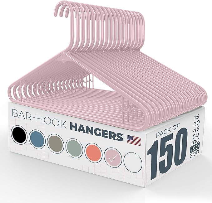 Neaties Plastic Hangers 150 Pack – Made in The USA – 6lb Capacity Standard Clothes Hangers with Strap Hooks for Dresses, Lingerie, Shirts, Pants, and Jackets – Pink