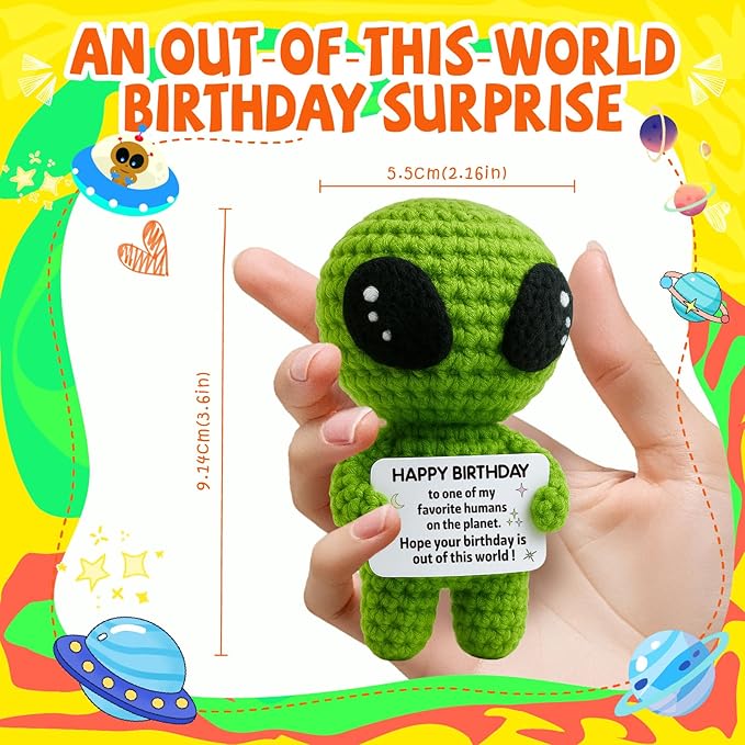 MAMAGIFTREE Birthday Gifts for Man Woman - Handmade Crochet Alien with Inspirational Funny Birthday Card - Small Bday Stuff for Friends, Teens, Coworkers