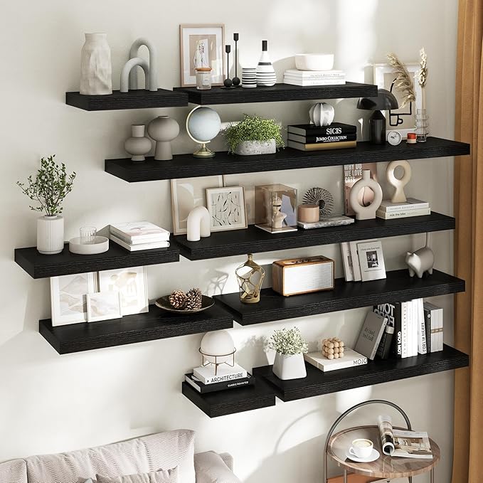 16 Inch Floating Shelves for Wall Set of 2, 12"D Wood Grain Bathroom Shelves with Invisible Brackets, Easy Install Engineered Wood Storage Shelves for Kitchen, Living Room, Bedroom, Black Finish