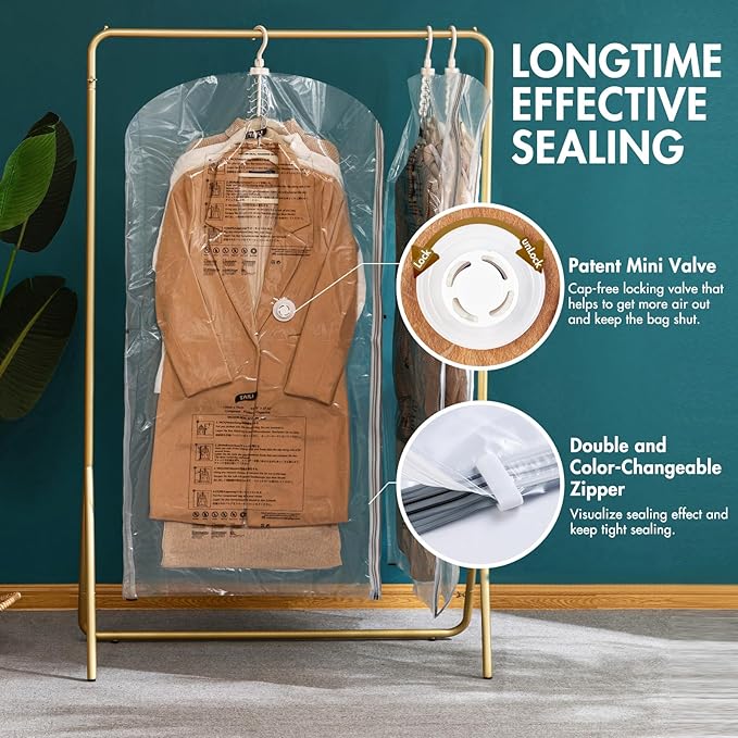 TAILI Hanging Vacuum Sealer Storage Space Saver Bags for Clothing,Travel, Suits and Jackets, Closet Organizers, 6 Pack Jumbo Clear