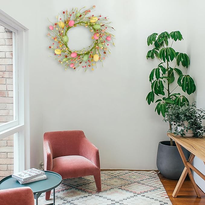 WreathDream Easter Wreaths for Front Door Easter Egg Wreath with Colorful Eggs,Berry for Front Door Indoor Outdoor Party Home Wall Window Festival Decoration