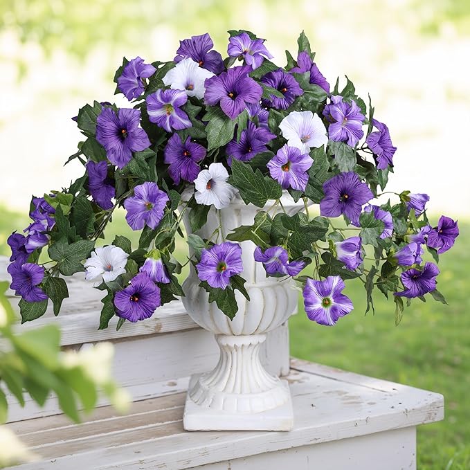 HyeFlora Artificial Flowers for Outdoors 2PCS Spring Faux Morning Glory Look Real Silk Flowers for Outside Planter UV Resistant Fake Flowers for Home Garden Balcony Yard Porch Deco Purple