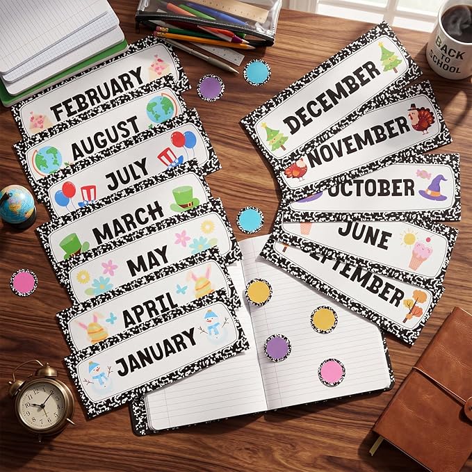 Zonon 48 Pcs Months of the Year Bulletin Board Set 12 Monthly Headliners Holiday Seasonal Monthly Bulletin Board Borders with 36 Round Blank Confetti Cutouts for Classroom (Trendy Style)