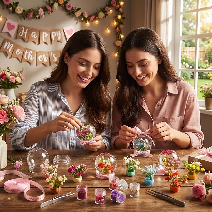 Fiwochic 16 Sets Flower Snow Globes Kit with 16 Clear Plastic Globes, 8 Styles Resin Flower Bouquets, Bottles Glitter, Mini Hot Glue Gun with Glue Sticks and Ribbon for DIY Crafts