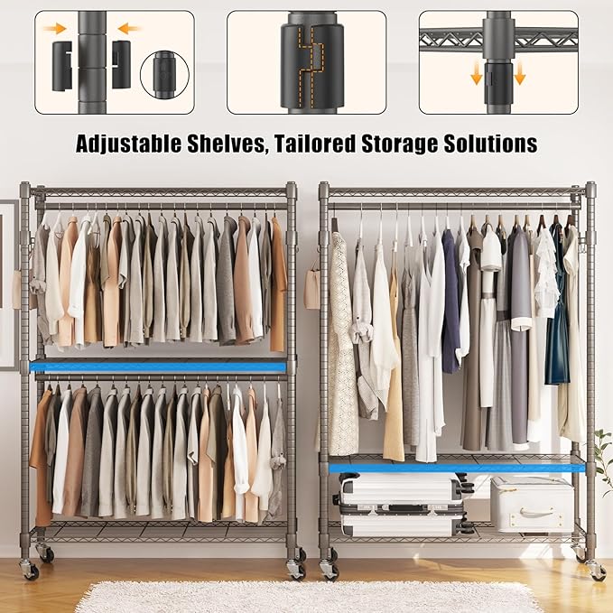 BATHWA Heavy Duty Garment Rack on Wheels, Rolling Clothes Racks for hanging clothes, Simple Sturdy Wardrobe Rack with Double Hanging Rods, 8 Side Hangers, Gray