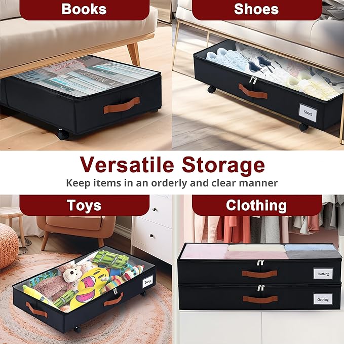 Under Bed Storage with Wheels Set of 2, Underbed Storage Container with Clear Lid Cover, 6.7 Inches Height Rolling Under Bed Drawer Storage Basket Bin Shoe Organizer for Cloth Sheet Sweater, Black