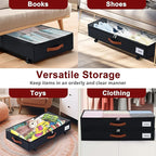Under Bed Storage with Wheels Set of 2, Underbed Storage Container with Clear Lid Cover, 6.7 Inches Height Rolling Under Bed Drawer Storage Basket Bin Shoe Organizer for Cloth Sheet Sweater, Black