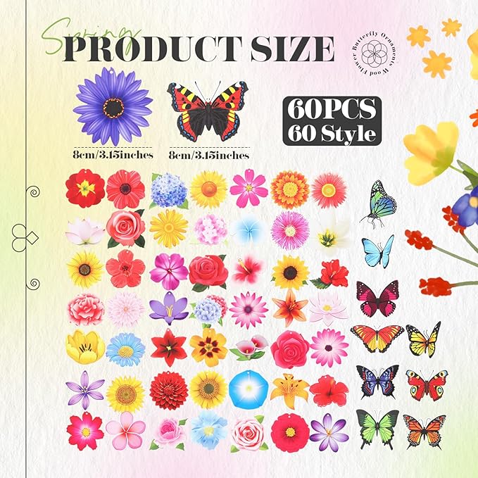 Colingmill 60 Pcs Summer Ornaments for Tree 3.15'' Summer Wooden Flower Butterfly Sunflower Ornaments Spring Wood Hanging Tree Decoration for Birthday Wedding Baby Shower Party Decoration