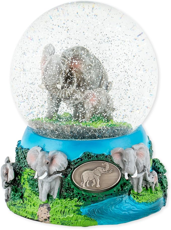 Wandering Elephant Family 100mm Resin Glitter Water Globe Plays Tune Beautiful Dreamer