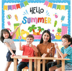 Justforjoyful Hello Summer Bulletin Board Decorations Summer Pool Classroom Bulletin Board Border Hawaiian Beach Paper Cutouts for Classroom Window Wall Home Office School Party Decor