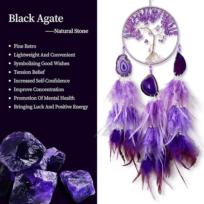Large Dream Catcher,Sun Dream Catchers with Chakra Gemstone Agate Stone,Purple Crystal Tree Life,Dream Catcher for Girls,Dream Catchers for Adults,Home Ornaments Craft Gift (Purple)