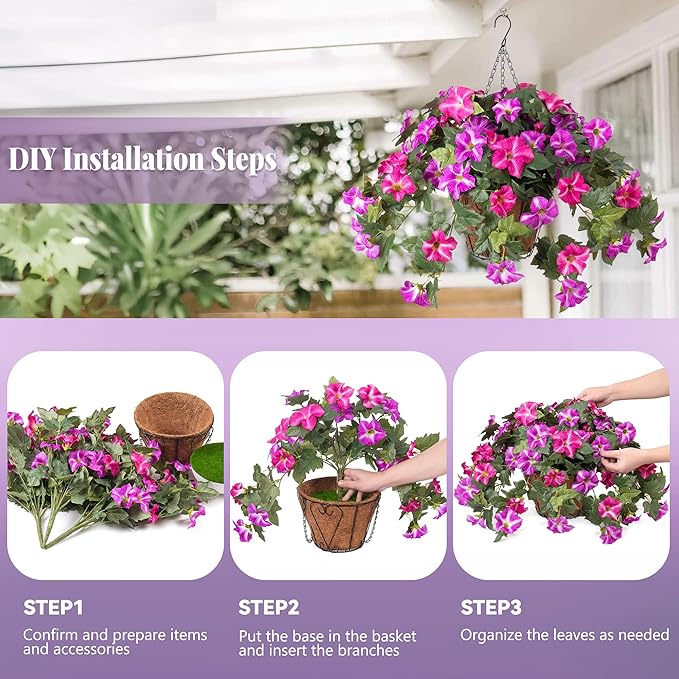 Artificial Hanging Fake Flowers with Basket Plants for Outdoor Decoration, Faux Silk Flower UV Resistant Morning Glory for Home Porch Patio Garden Balcony Yard Look Real (Fuchsia Lotus)