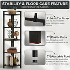 FATORRI Rustic Tall Corner Shelf, 5 Tier Industrial Corner Bookshelf for Living Room, Dark Wood and Metal Corner Plant Stand for Balcony (Black)
