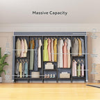 94.5"W Heavy Duty Garment Rack with Cover, H5C Large Clothes Rack with Adjustable Shelves and Hanging Rods Dustproof Closet for Storage and Organizer, Black Rack with Grey Cover, Load 1400 lbs