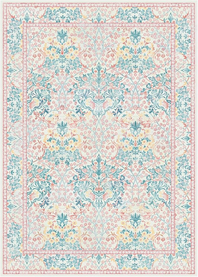 Lessymo 8x10 Washable Rug for Living Room, Soft Non Slip Pink Area Rugs for Bedroom Nursery Dining Room, Low Plie Boho Forest Large Carpet Botanical Colorful Cute Flower, Pink Green