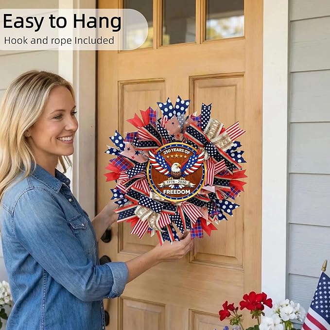 250th Anniversary Patriotic Wreath - 18 Inch Front Door Decor with Wooden Eagle Pattern & Red White Blue Ribbon (Glued on Fabric Base), Handcrafted for 4th of July Independence Day