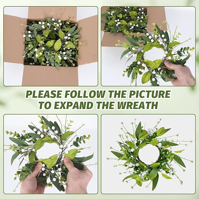 6 PCS Spring Summer Eucalyptus Kitchen Cabinet Wreaths Small Artificial Green Eucalyptus Leaf Wreath for Front Door with Ribbon Boxwood Mini Wreath for Porch Wall Window Farmhouse Wall Home Decor