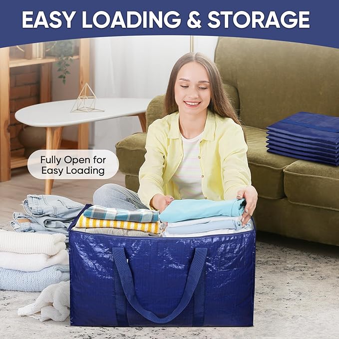 TICONN 4 Pack Extra Large Moving Bags Heavy Duty with Zippers & Carrying Handles, Durable Storage Bags Moving Boxes for Closet Organizers and Storage (4 Pack, Navy)