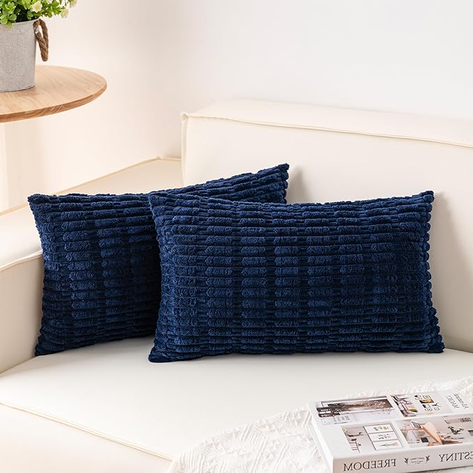 Aegero Pack of 2 Corduroy Decorative Throw Pillow Covers 12x20 InchSoft Boho Striped Pillow Covers Modern Farmhouse Home Decor for Sofa Living Room Couch Bed(Blue)
