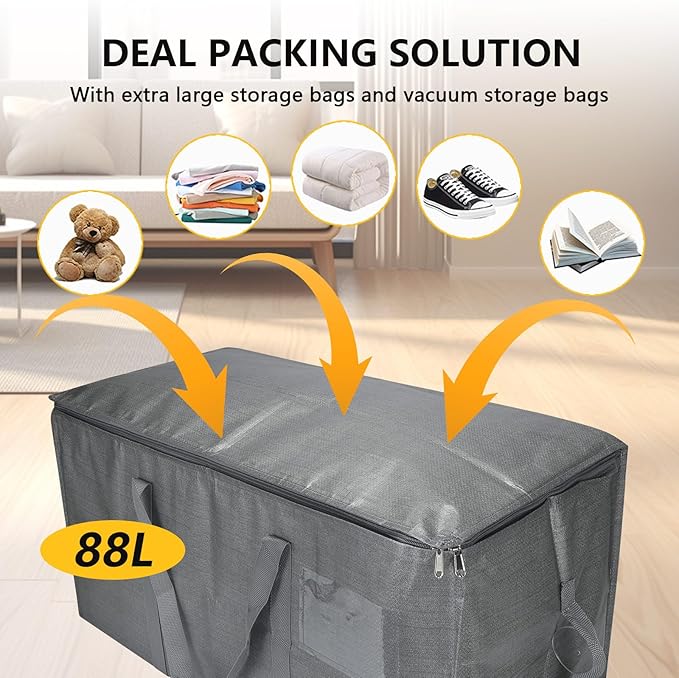Extra Large Storage Bags Set Heavy Duty Moving Totes with Handles, Waterproof Dual-Way Carrying Design Fold Flat Storage Totes For Effortless Moving, (Gray, 12 Park-2 Moving bag & 10 Vacuum Seal Bags)