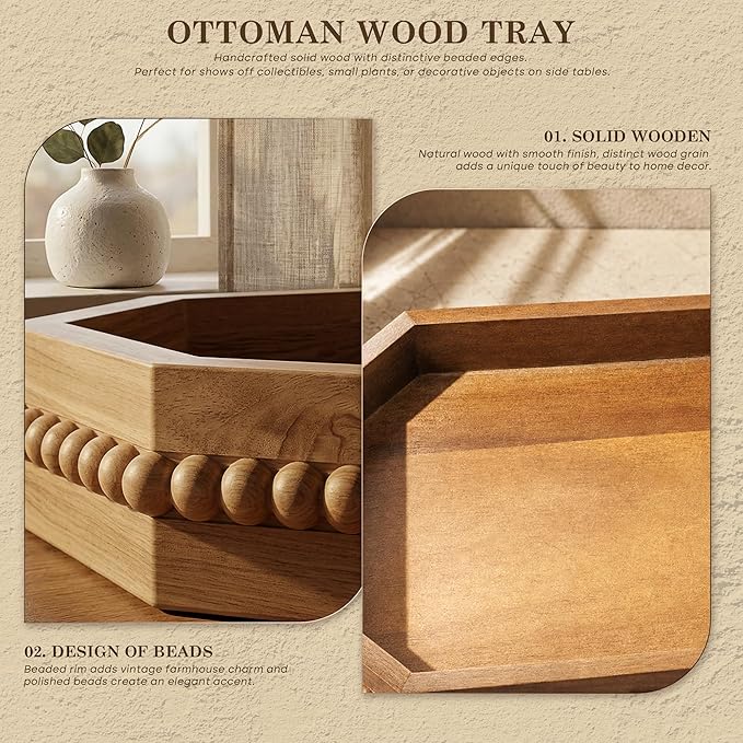 EOSAHR Acacia Wood Rustic Decorative Tray with Beads for Room Decor - Farmhouse Serving Tray for Coffee Bar Accessories - Ideal for Displaying Makeup Vanity & Bedroom Aesthetic(Acacia Wood)