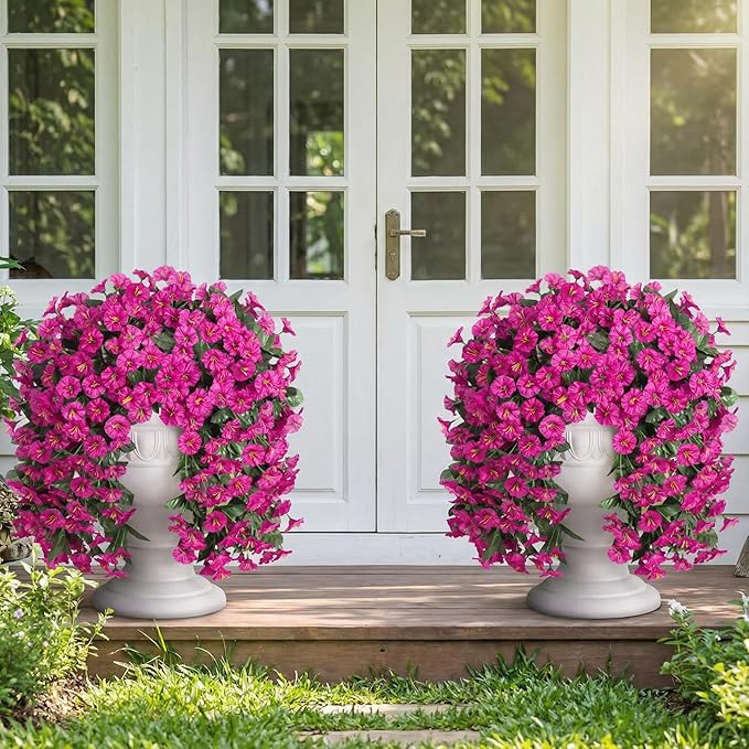 HyeFlora Artificial Fake Hanging Flowers Plants for Outdoor Outside Decoration, 2PCS Faux Silk UV Resistant Look Real Fuchsia Morning Glory Trailing Vines for Home Planter Porch Patio