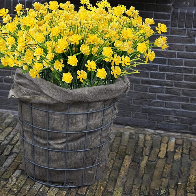 TURNMEON 20 Bundles Artificial Flowers for Outdoors Fake Plants Spring Decor, UV Resistant Artificial Plants Cemetery Flowers Faux Plastic Greenery Shrubs for Porch Yard Summer Decor 500 Heads(Yellow)