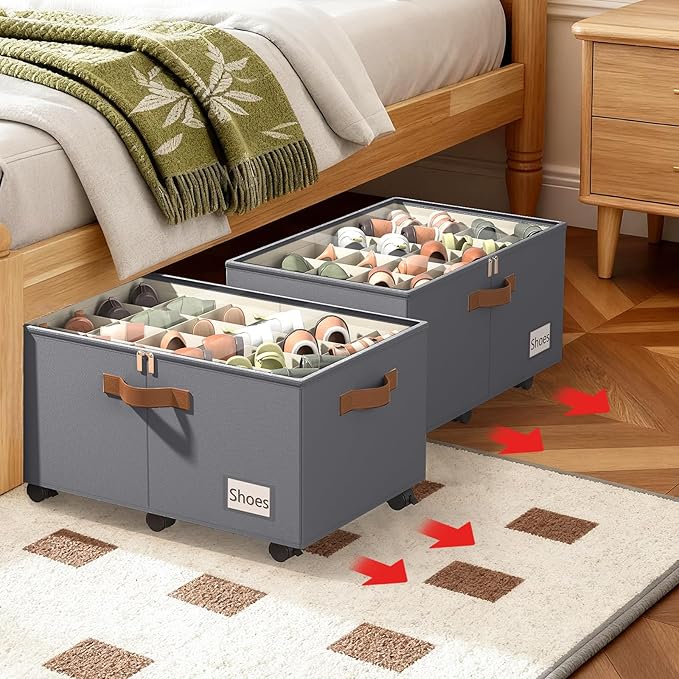 Shoe Organizer for Closet, Shoe Storage Organizer with Wheels and Adjustable Dividers, Stackable Shoe Storage Box with Clear Cover, Foldable Closet Shoe Organizer Fits up to 24-48 Pairs, Gray