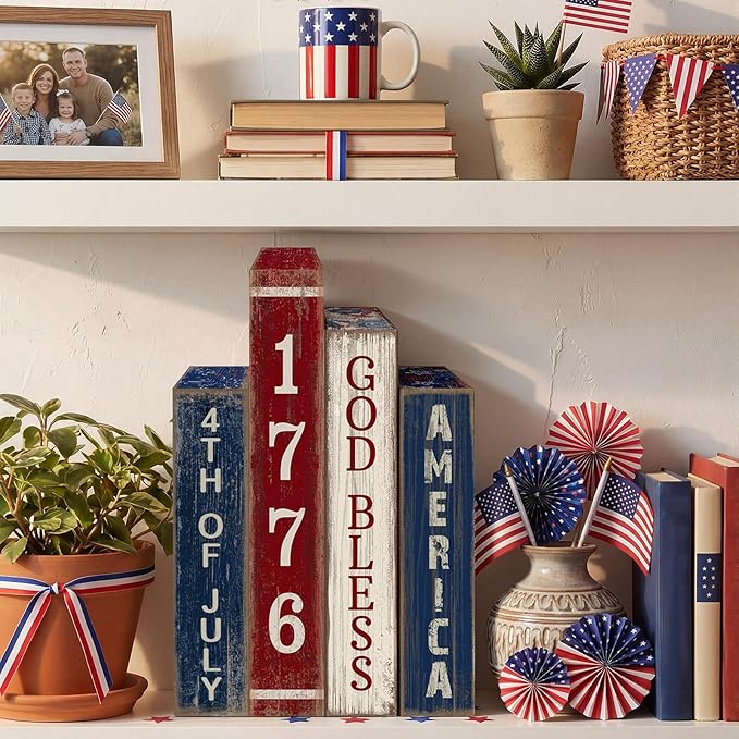 Lineshading 4 Pcs 4th of July Table Decoration Wooden Book 1776 God Bless America Decor Patriotic Tiered Tray Decor Farmhouse Red White and Blue American Block Signs for 250th Anniversary Home Shelf