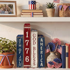 Lineshading 4 Pcs 4th of July Table Decoration Wooden Book 1776 God Bless America Decor Patriotic Tiered Tray Decor Farmhouse Red White and Blue American Block Signs for 250th Anniversary Home Shelf