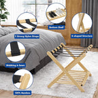 Smuxee Fully Assembled Luggage Rack Pack of 2, Upgraded Bamboo Foldable Suitcase Stand with 5 Nylon Straps, Luggage Holder with Shelf for Guest Room Bedroom Hotel