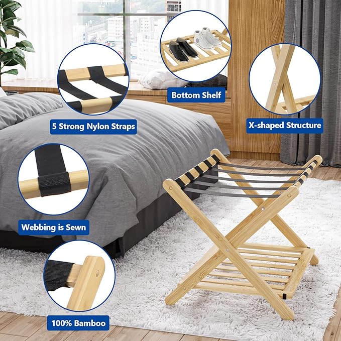 Smuxee Fully Assembled Luggage Rack Pack of 2, Upgraded Bamboo Foldable Suitcase Stand with 5 Nylon Straps, Luggage Holder with Shelf for Guest Room Bedroom Hotel