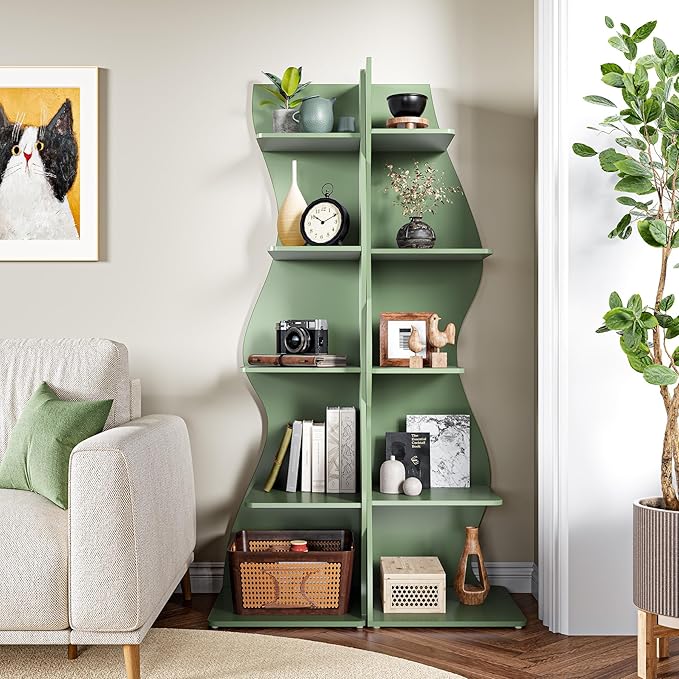 LITTLE TREE Small Corner Shelf, Modern 5-Tier Wall Corner Bookshelf, Stylish Bookcase Storage Rack for Small Space, Living Room, Bedroom, Green, 2 Pack