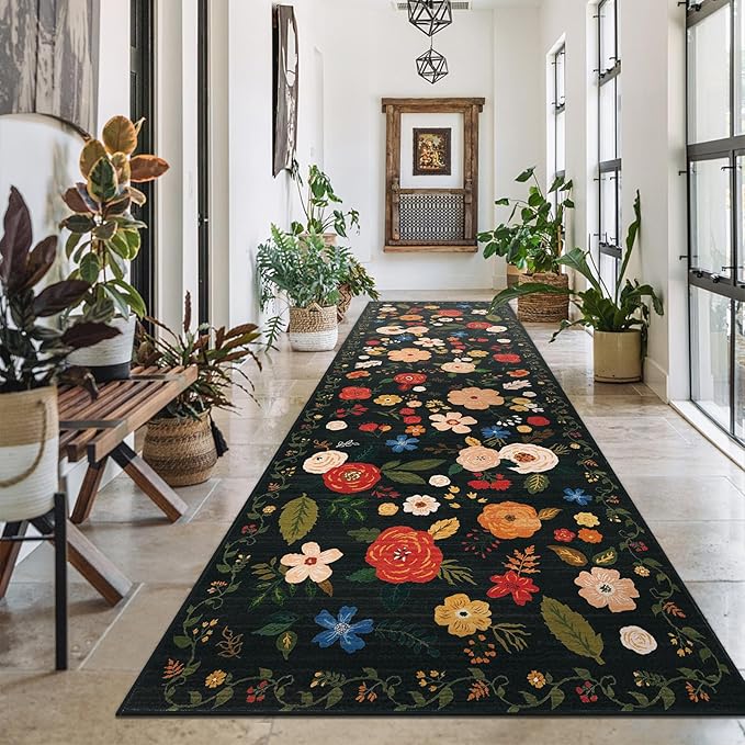 U'Artlines 2'6" x 8' Boho Runner Rug for Hallways Kitchen Colorful Floral Soft Non Slip Washable Floor Carpet Runners for Entryway Laundry Room Bathroom Black Green